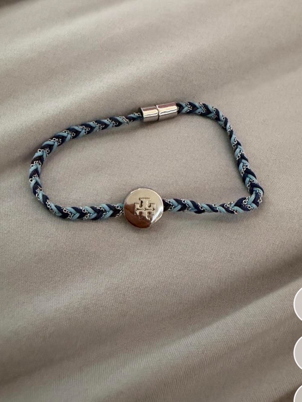 Tory Burch Braided Cord Logo Bracelet in Navy and Light Blue magnetic clasp
